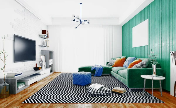 Sala de estar moderna de luxo, ilustração de renderização 3d — Fotografia de Stock