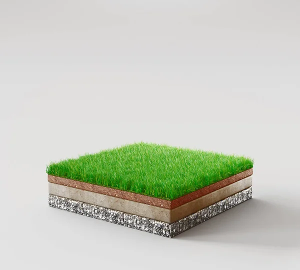 地面や土壌層。白い背景に隔離された緑の芝生広場のパースペクティブ空のスペース。3Dレンダリング — ストック写真