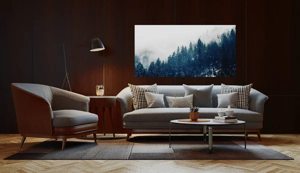 豪华现代客厅，3D渲染插图 — 图库照片