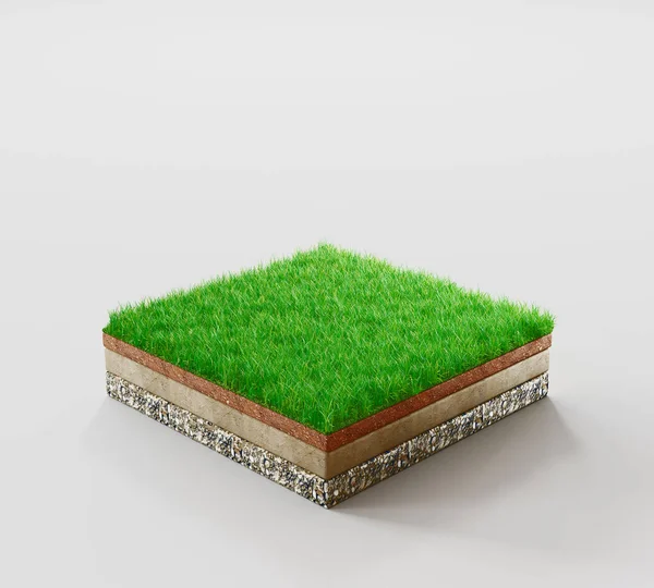 地面或土壤层。白色背景上孤立的绿草正方形的远景空旷的空间.3d渲染 — 图库照片