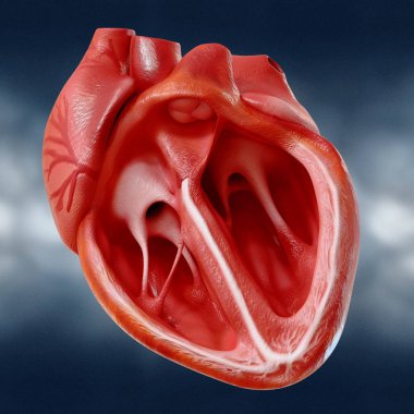 Ventrikülleri ve ana damarları olan insan kalbinin anatomik olarak doğru modeli.