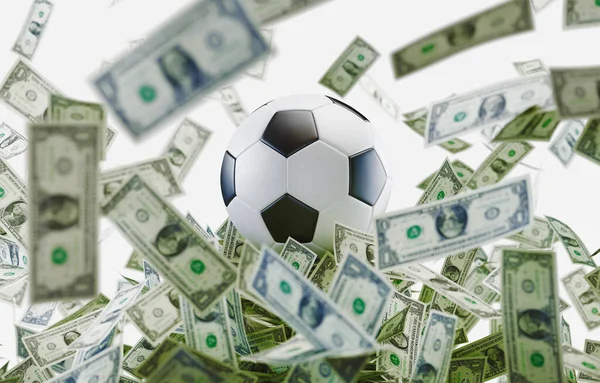 Piłka nożna nad dużą ilością pieniędzy, renderowanie 3D — Zdjęcie stockowe