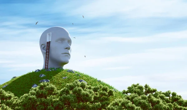 Socha lidská hlava a žebřík na kopci. Neskutečný koncept. 3D vykreslování — Stock fotografie