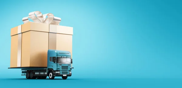 Present concept - Tir or truck carrying gift box. 3d rendering — Stock Fotó