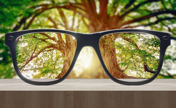 Concepto de visión. Gafas para ojos sobre mesa de madera. renderizado 3d — Foto de Stock