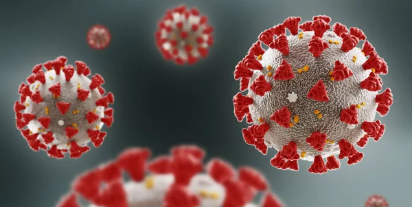 Coronavirus microscopic view. Floating influenza virus cells. Dangerous asian ncov corona virus, SARS pandemic risk concept. 3d rendering — 图库照片