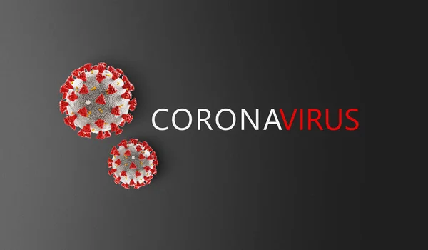Vista microscópica del coronavirus. Peligroso virus de la corona ncov asiático, concepto de riesgo pandémico SARS con texto sobre fondo gris. renderizado 3d —  Fotos de Stock