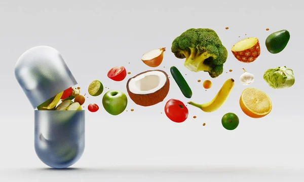 Composition with dietary supplements vegetables capsules. Variety of drug pills. 3d rendering