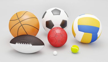 Assorted sports ball on a white background. Includes a soccer ball, a football, a basketball and more. 3d rendering