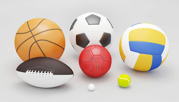 Pelota deportiva surtida sobre un fondo blanco. Incluye una pelota de fútbol, un balón de fútbol, una pelota de baloncesto y más. renderizado 3d — Foto de Stock