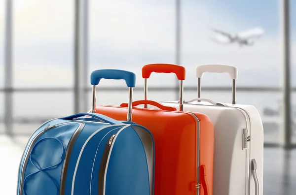 Suitcase or trolley and airport background with plane. 3d rendering — Φωτογραφία Αρχείου