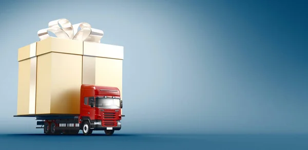 Present concept - Tir or truck carrying gift box. 3d rendering — Stock Fotó