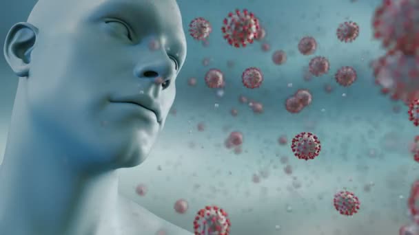 コロナウイルス2019-nCv呼吸器系の概念.コロナウイルスは、パンデミックとして危険なインフルエンザ菌株としてインフルエンザを使用する。顕微鏡のウイルスは閉じます。アニメーション3Dレンダリング — ストック動画