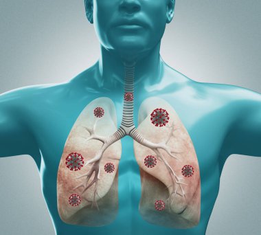 Coronavirus mikroskobik görüntüsü. Solunum Sistemi. Süzülen grip virüsü hücreleri. Pandemik risk kavramı. 3d oluşturma