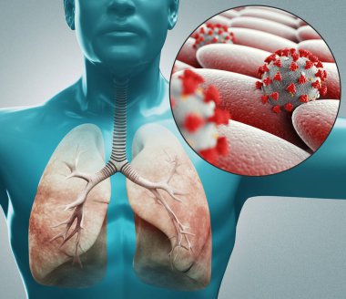 Coronavirus mikroskobik görüntüsü. Solunum Sistemi. Süzülen grip virüsü hücreleri. Pandemik risk kavramı. 3d oluşturma