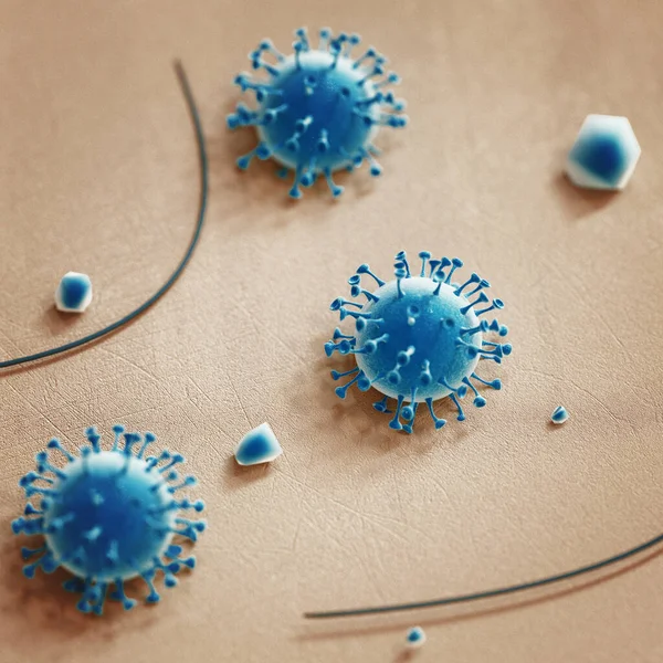 Coronavirus 。通过放大镜通过皮肤接触传播病毒的方法接近病人的手。3D渲染 — 图库照片