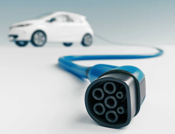 Primer plano del vehículo eléctrico enchufe coche de carga aislado en blanco. renderizado 3d — Foto de Stock