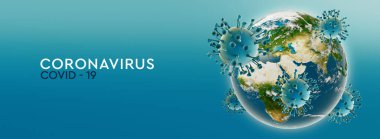 Yüksek çözünürlüklü Coronavirus, dünyaya ya da dünyaya bulaşmış. Tehlikeli Asya Ncov Corona virüsü. Deniz mavisi arkaplanında metin. 3d oluşturma