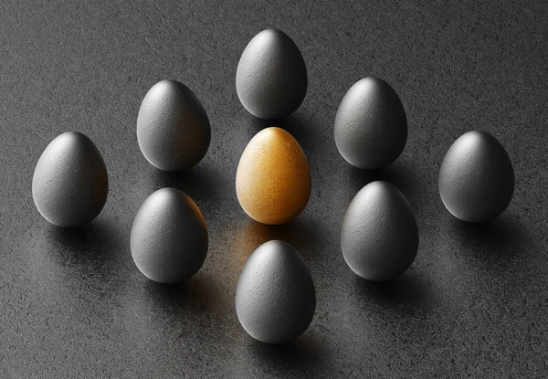 Schwarze und goldene Eier in vertikaler Position auf schlichtem schwarzem Papierhintergrund. Kreativ minimalistisches abstraktes Osterkonzept. 3D-Darstellung — Stockfoto