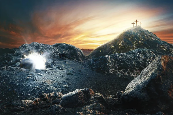 Easter Sunday concept: Empty tomb stone with cross on meadow sunrise background. 3d rendering