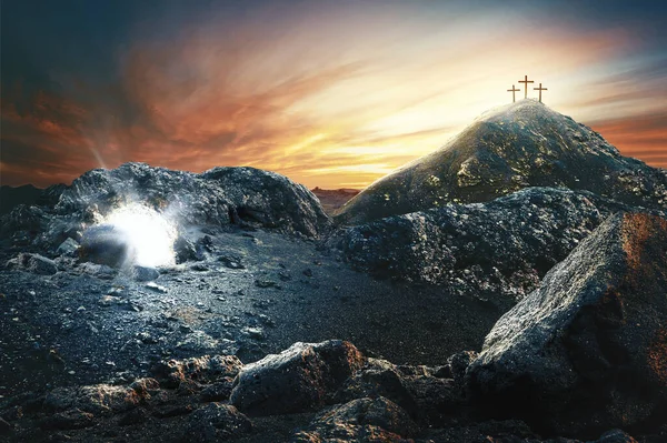 Easter Sunday concept: Empty tomb stone with cross on meadow sunrise background. 3d rendering Stock Picture