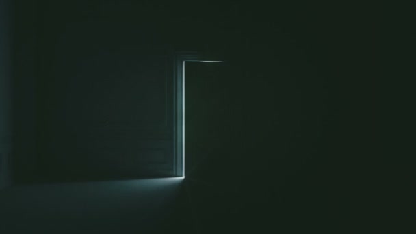 Двери, открывающиеся в темной комнате к яркому свету. Концепция правильного выбора. Трехмерная визуализация — стоковое видео