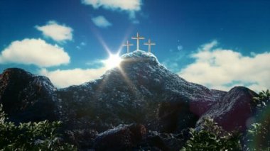 Golgotha tepesi antik Kudüs 'ün dışında İsa' nın çarmıha gerildiği yer. Kutsal Haç, gizemli bulutlar ve ışık huzmeleri. 3d oluşturma
