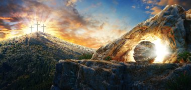 High resolution. Easter Sunday concept: Empty tomb stone with cross on meadow sunrise background. 3d rendering clipart
