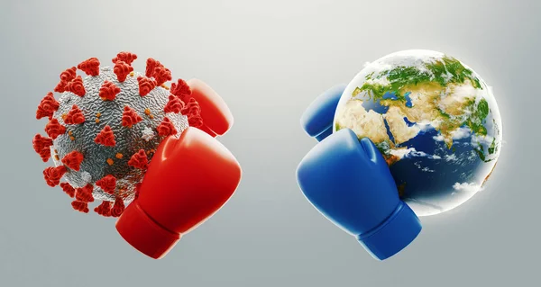 世界对着考罗纳维斯。世界用拳击手套与科罗纳病毒作斗争。与病毒斗争的概念。3d渲染 — 图库照片