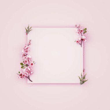 Çiçek kompozisyonu. Kağıt boş, pembe renkte pembe çiçekler. Düz konum, üst görünüm, kopyalama alanı, kare. 3d oluşturma