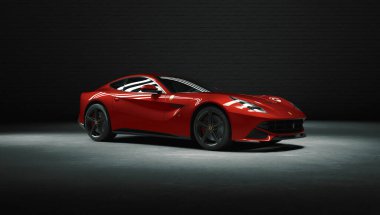 VERONA, ITALY - 01 Mayıs 2020: Ferrari F12 Berlinetta siyah arka planda. 3d oluşturma