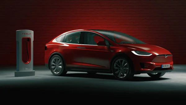 VERONA, ITALY - 01 MAY, 2020: Tesla plug-in electric car Model X 는 슈퍼 차저 역의 슈퍼 차저 네트워크에 의해 충전되었다. 3d 렌더링 — 스톡 사진