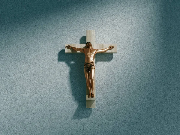 Kruzifix an der Wand im Scheinwerferlicht der alten dunklen Kirche oder Kathedrale. Jesus Christus am Kreuz. Religion, Glaube und Hoffnung. Heilige und heilige Stätten. 3D-Darstellung — Stockfoto