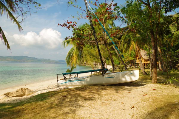 A boat marooned on a shore of a small island in the Philippines archipelago. The island is overgrown with palm trees and has a small sandy beach. In the back, a cabin resides between the trees.