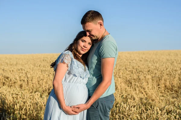 浪漫怀孕夫妇肖像在麦田 怀孕的妇女站在她的丈夫在大自然的放松在一个美丽的阳光明媚的一天 — 图库照片