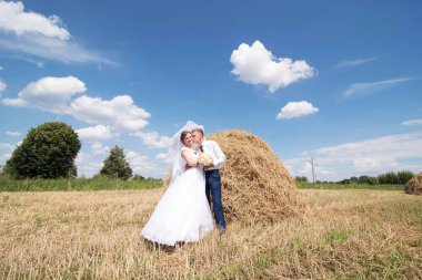 Güzel düğün çift, gelin ve damat buğday alan mavi gökyüzü ile poz