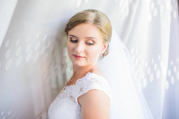 Красивый Портрет Невесты Вуалью Лице Портрет Молодой Великолепной Невесты Свадьба — стоковое фото