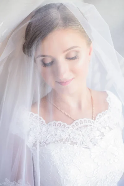 彼女の顔の上にベールを持つ美しい花嫁の肖像画 若いゴージャスな花嫁の肖像画 結婚式 — ストック写真