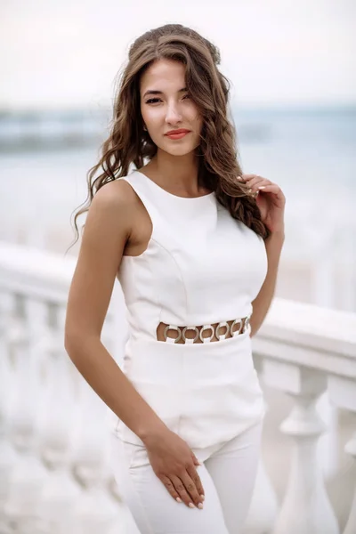 Hermosa chica morena con estilo, retrato callejero, look de moda en la calle. Hermosa mujer con el pelo largo en ropa blanca y un bolso en sus manos, un estilo estricto, caminando por la calle — Foto de Stock