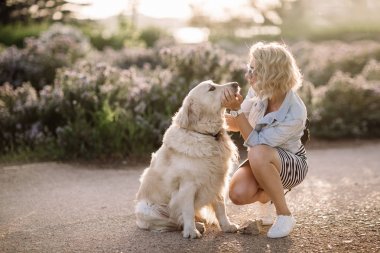 Yakın çekim sokakta köpeğiyle açık oynayan zengin bir adam portresi, efendisinin sarılma onu köpek yavrusu, golden labrador yavru, komik ruh hali, olumlu duygular, kız dudak, yalnız, kentsel yürüyüş öpüşme köpek yalıyor