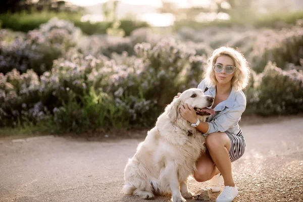 通りで彼女の犬を屋外で遊んで金持ちのクローズ アップの肖像画、犬を舐める彼のマスターは、女の子彼女の子犬、ゴールデン ラブラドール子犬、面白い気分、肯定的な感情を抱いてキス、都市を歩くだけでも、 — ストック写真