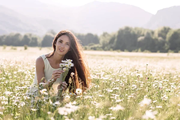 Belle femme jouissant d'un champ de marguerites, belle femme couchée dans un pré de fleurs, belle fille se relaxant à l'extérieur, s'amusant, tenant plante, heureuse jeune femme et nature vert printemps, harmon — Photo