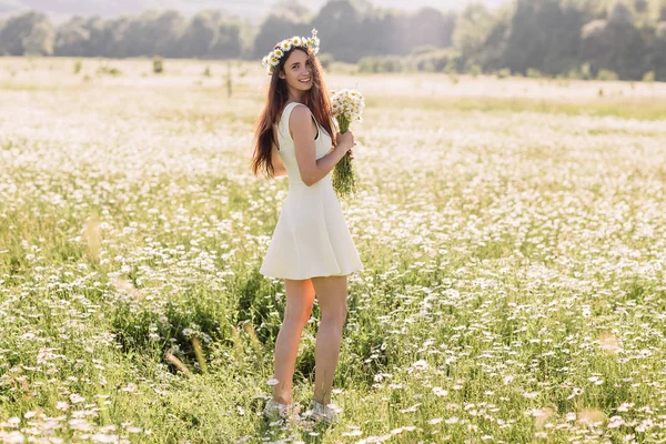 Papatyalar, güzel kadın güzel kız açık havada, rahatlatıcı bir çayırda çiçekler, yalan, bir alanda güzel kadının sahip eğlenceli, holding bitki, mutlu genç bayan ve bahar-yeşil doğa, harmon