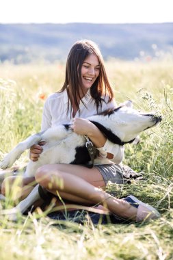 Güzel kız köpek (siyah ve beyaz husky mavi gözlü) yeşil alan ile çalış