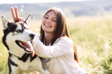 Güzel kız köpek (siyah ve beyaz husky mavi gözlü) yeşil alan ile çalış