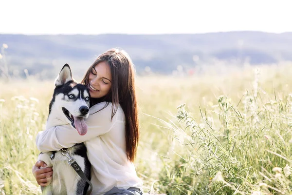 美しい少女が犬 (黒と白青い目のハスキー) グリーン フィールドで遊ぶ — ストック写真