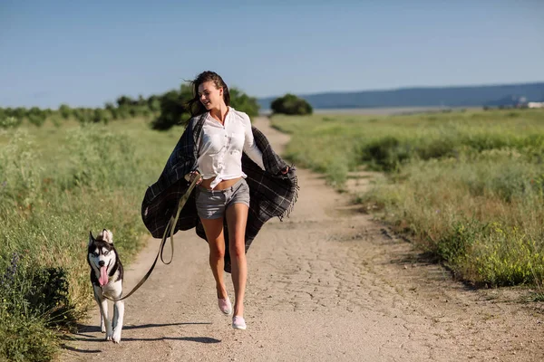 美しい少女が犬 (黒と白青い目のハスキー) グリーン フィールドで遊ぶ — ストック写真