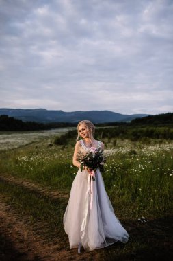 Güzel kadın zevk papatya alan, açık rahatlatıcı, eğlenceli, mutlu genç bayan ve bahar yeşil doğa, uyum kavramı sahip güzel kız çiçek, çayırda uzanmış güzel kadın