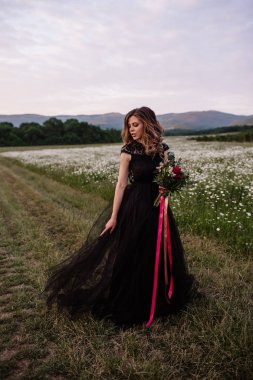 Güzel kadın zevk papatya alan, açık rahatlatıcı, eğlenceli, mutlu genç bayan ve bahar yeşil doğa, uyum kavramı sahip güzel kız çiçek, çayırda uzanmış güzel kadın