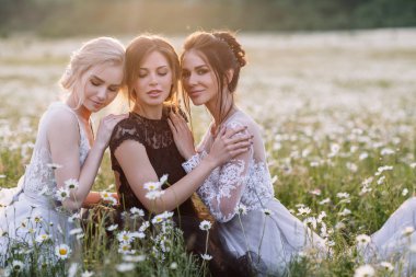 üç güzel kız esmer ve sarışın, kahverengi saçlı kadın zevk Daisy alan, güzel uzun elbiseler, açık rahatlatıcı, eğlence, mutlu genç bayan ve bahar yeşil doğa, uyum conce sahip güzel kız